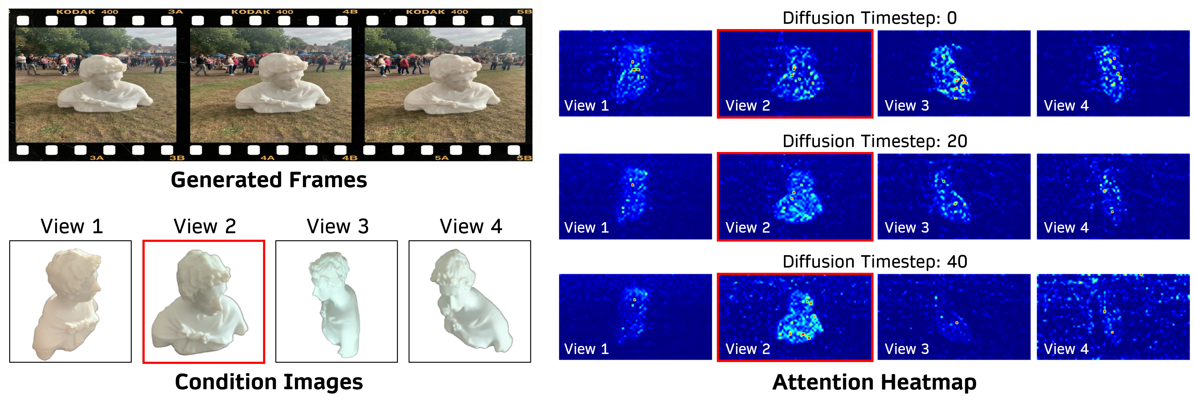 Figure 5:Visualization of the Dynamic Selective Router mechanism.(Left) Generated frames and four multi-view conditions provided to3Dapter. The generated poses align with View 2 (red box). (Right) Cross-attention heatmaps across diffusion timesteps (t=0,20,40t=0,20,40). The network selectively assigns higher attention weights to the relevant view (View 2) to extract specific geometric features, rather than uniformly aggregating all conditions.